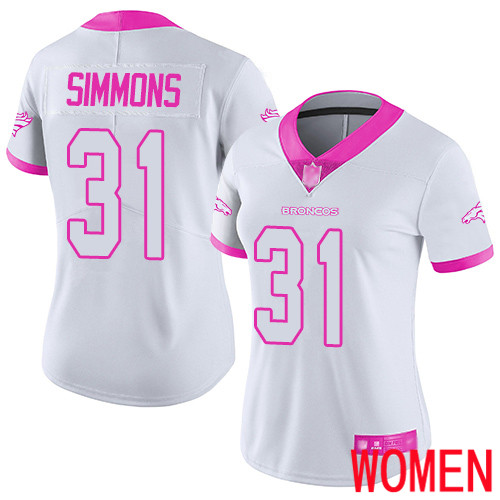 Women Denver Broncos #31 Justin Simmons Limited White Pink Rush Fashion Football NFL Jersey